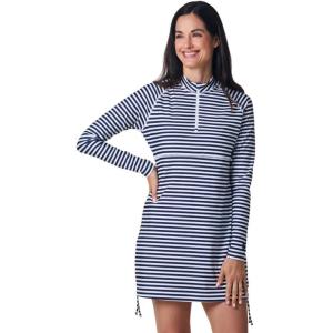image:imageWomens Ruche Long Sleeve Swim Shirt  UPF 50 Sun Protection  LawaiWhiteNavy Stripe