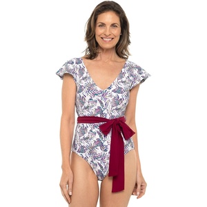image:imageFlutter Sleeve Swimsuit  UPF 50 Sun Protection  Coconut GroveMagnolia Pink Beach Leaves